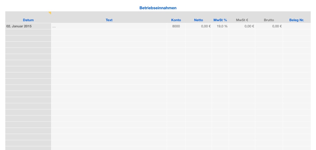 Vorlage Einnahmen-Überschuss-Rechnung 2015 für Mac und iPad Einnahmen Liste