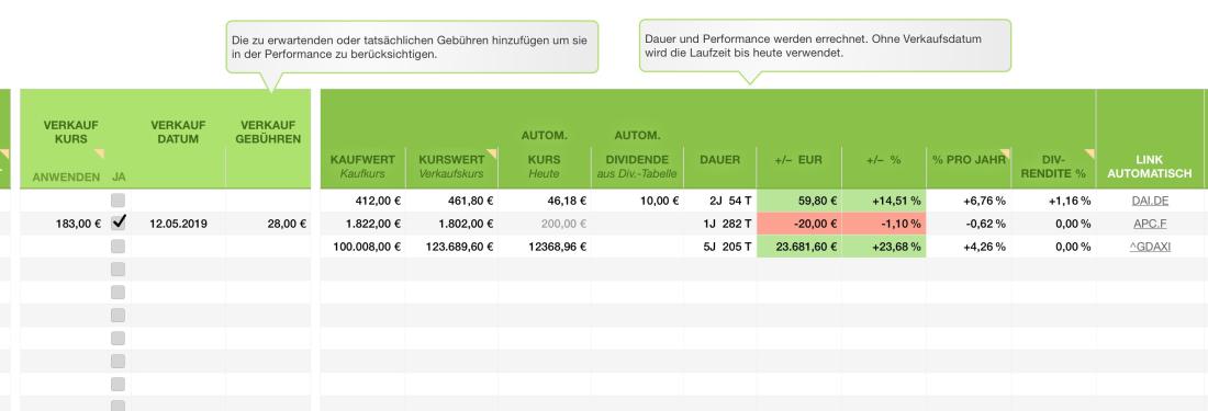 Numbers Vorlage Portfolio Aktienverwaltung Ausgabedaten und Berechnung