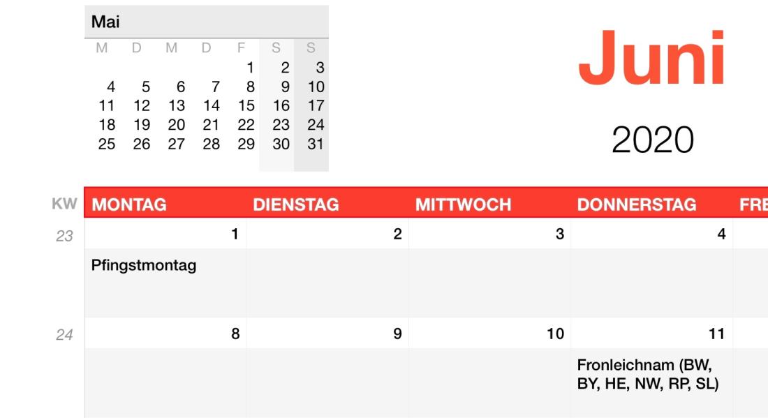 Numbers Vorlage Kalender 2020 Detailansicht