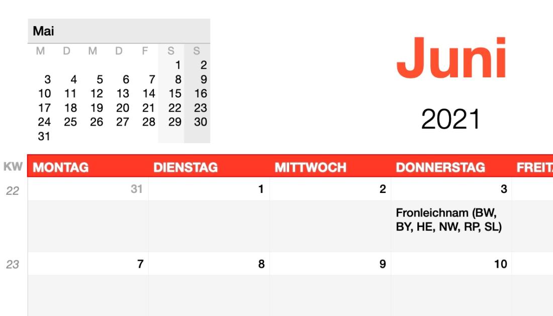 Numbers Vorlage Kalender 2021 Detailansicht