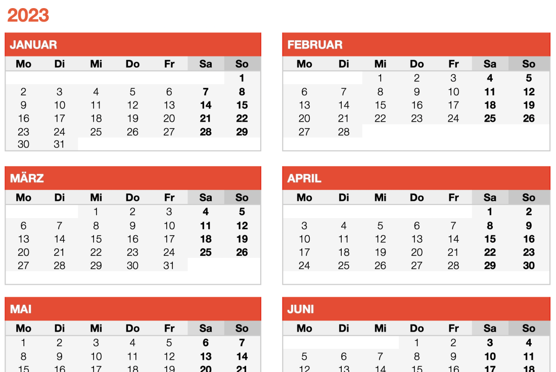 Numbers Vorlage Kalender Monatsansicht 2023 Jahresübersicht