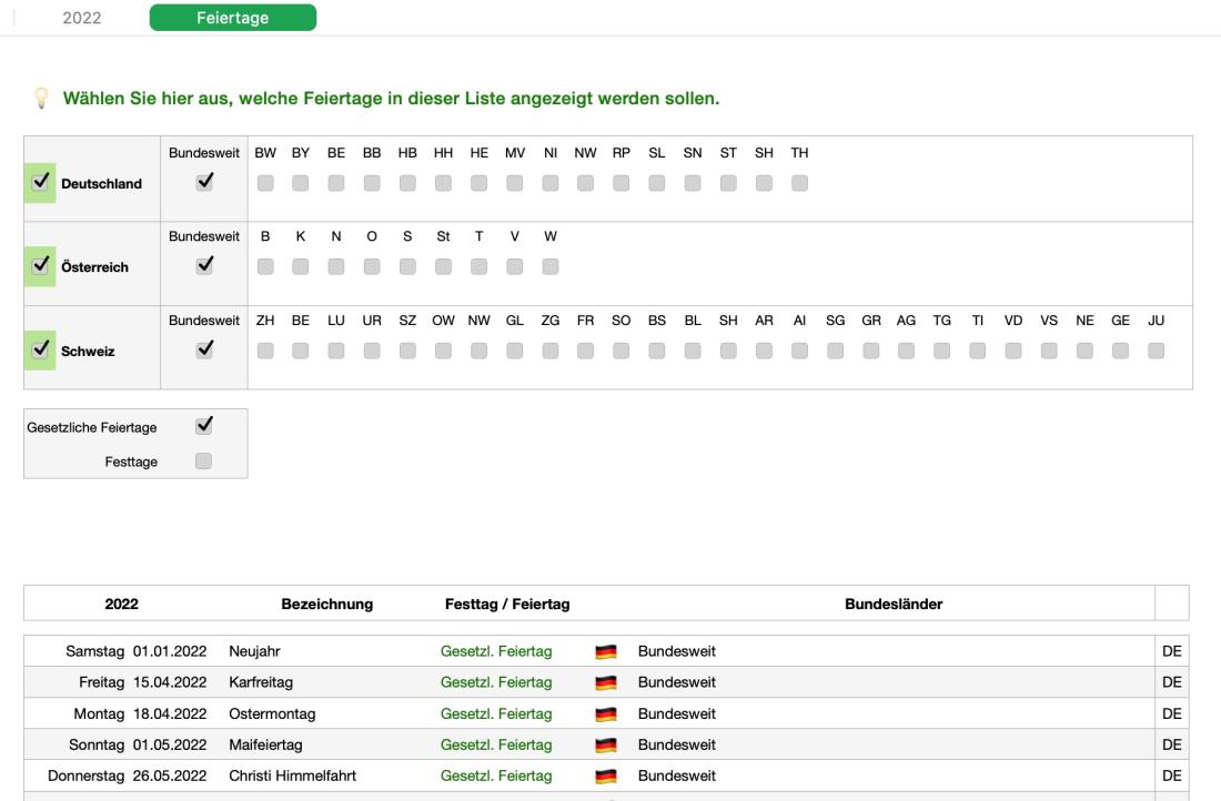 Numbers Vorlage Kalender 2022 Feiertage Filter