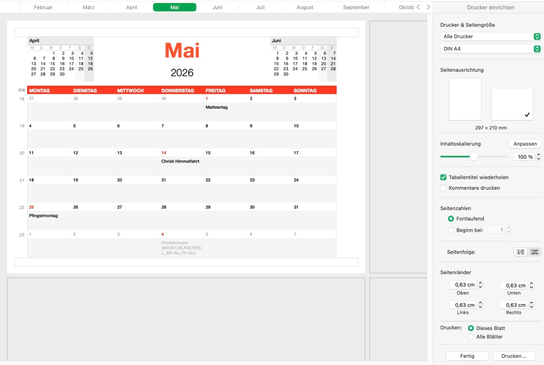 Numbers Vorlage Kalender Monatsansicht 2026 Drucken