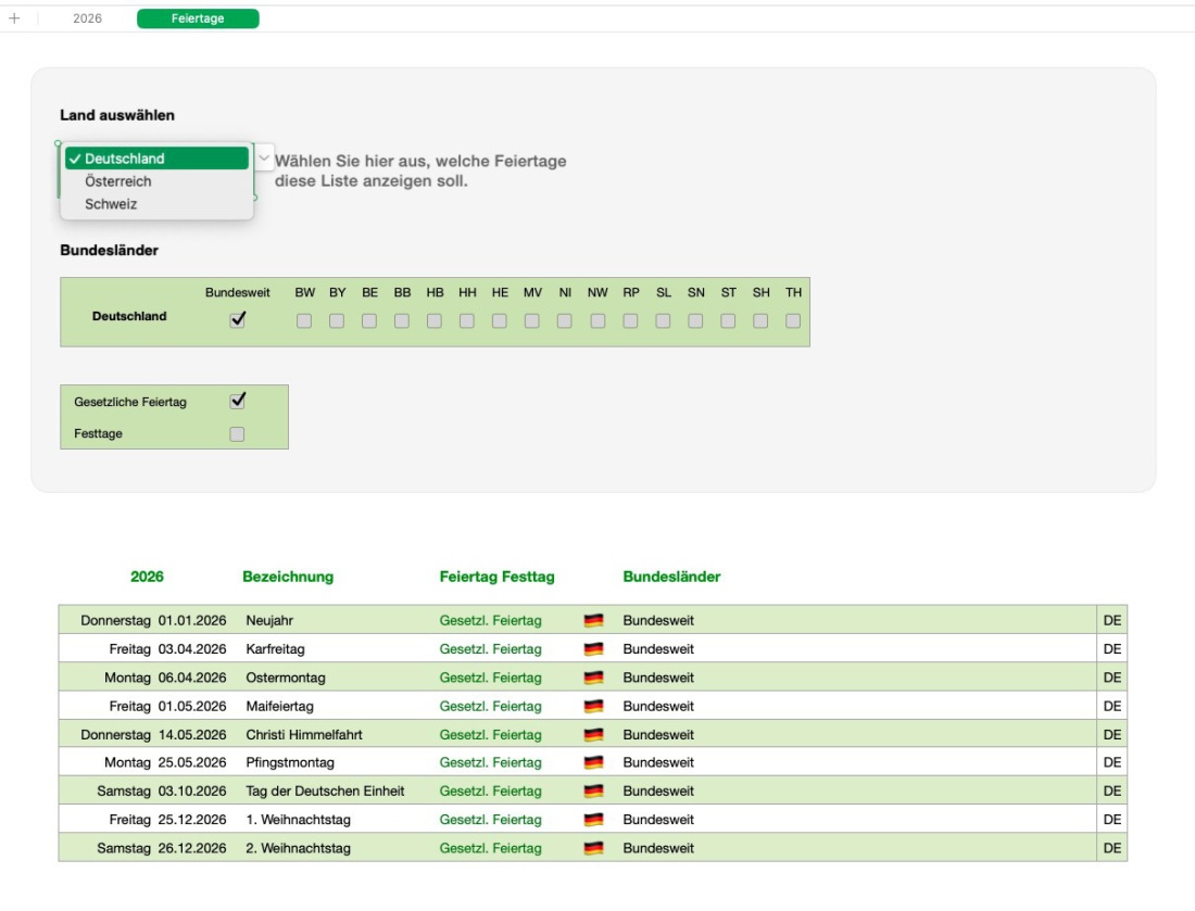 Numbers Vorlage Kalender 2026 Feiertage Auswahl