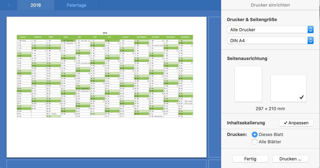 Numbers Vorlage Kalender Feiertage