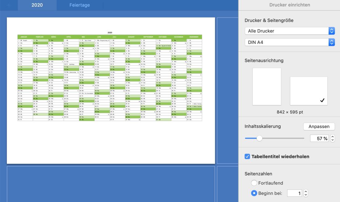 Numbers Vorlage Kalender 2020 Druckansicht