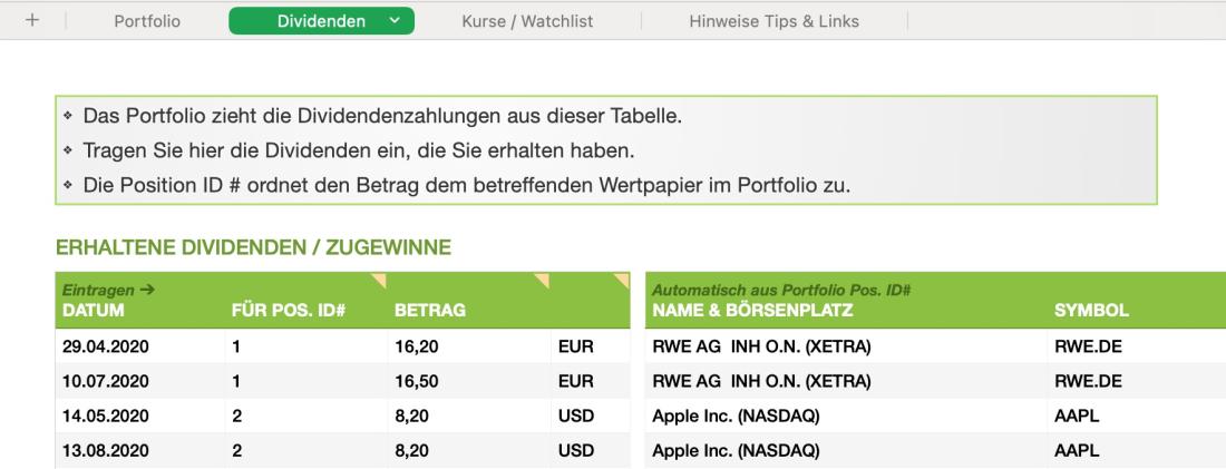 Numbers Vorlage für Mac Aktien Depot Analyse Verwaltung Dividendentabelle