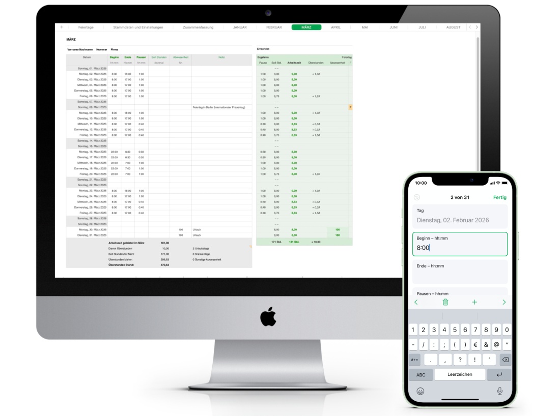 Numbers Vorlage Zeiterfassung Arbeitszeiterfassung Plus Mac und iPhone 2026