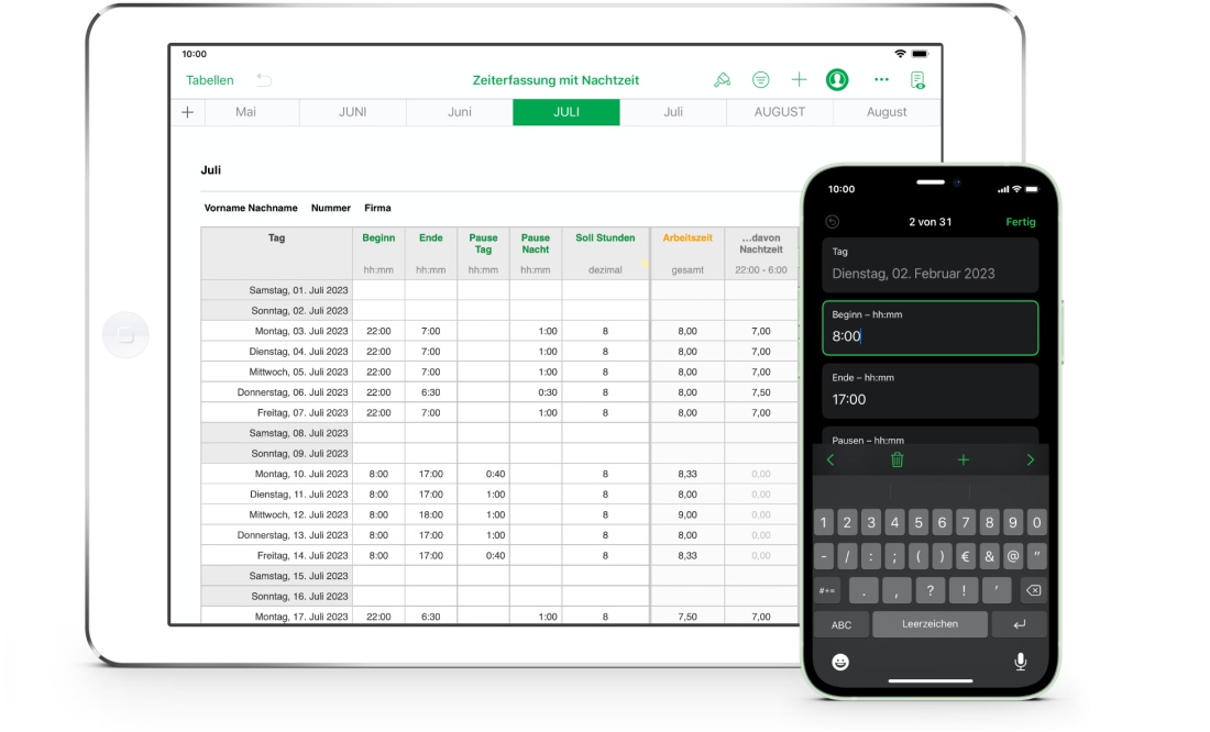 Numbers Vorlage Arbeitszeiterfassung mit Nachtschicht 2023 für iPad und iPhone