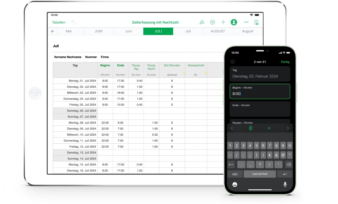 Numbers Vorlage Arbeitszeiterfassung mit Nachtschicht 2024 für iPad und iPhone