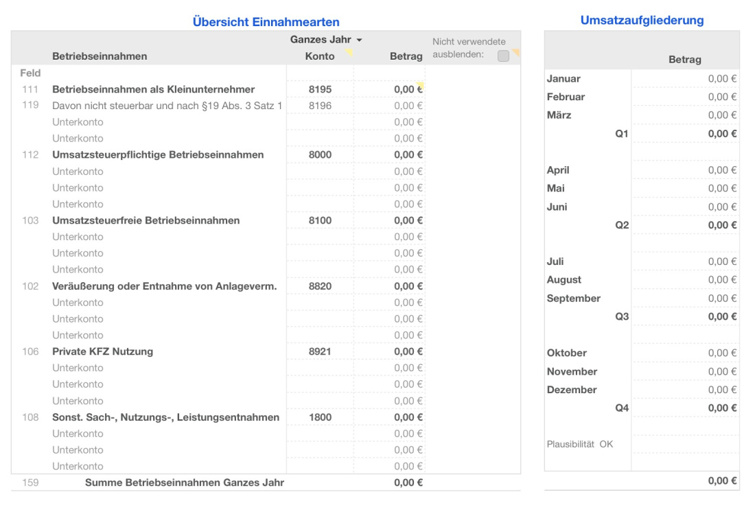 Numbers Vorlage Einnahmen-Überschuss-Rechnung 2026 ohne USt Einnahmen Übersicht