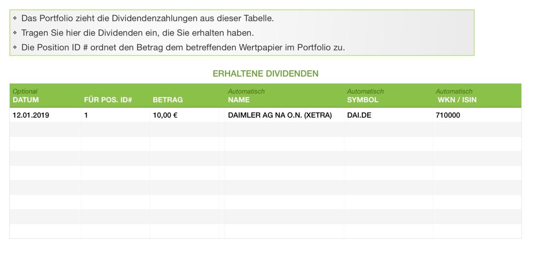 Numbers Vorlage Portfolio Aktienverwaltung Dividendenliste