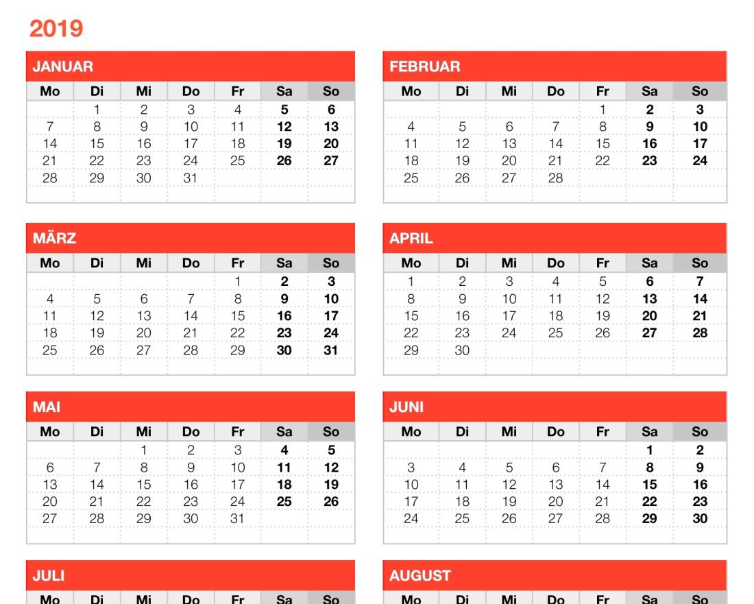 Numbers Vorlage Kalender 2019 Jahr