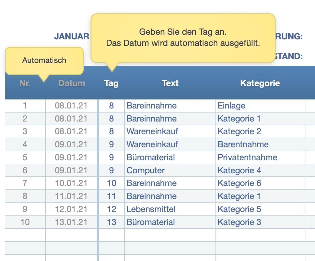 Numbers Vorlage Kassenbuch mit USt Datumseingabe