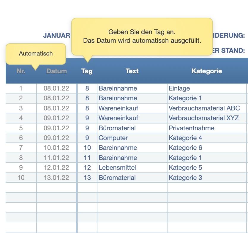 Numbers Vorlage Kassenbuch mit USt Datumseingabe