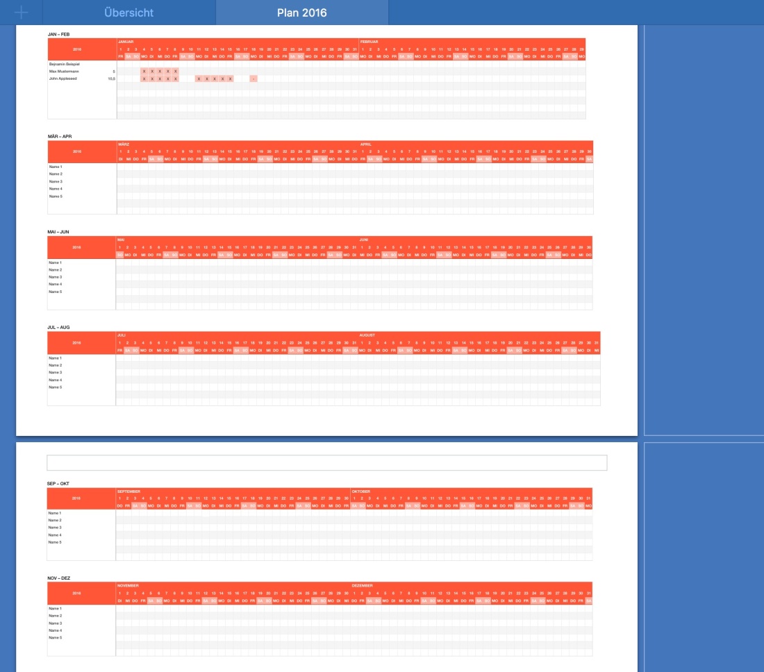Numbers Vorlage Urlaubsplaner 2016 Druckansicht
