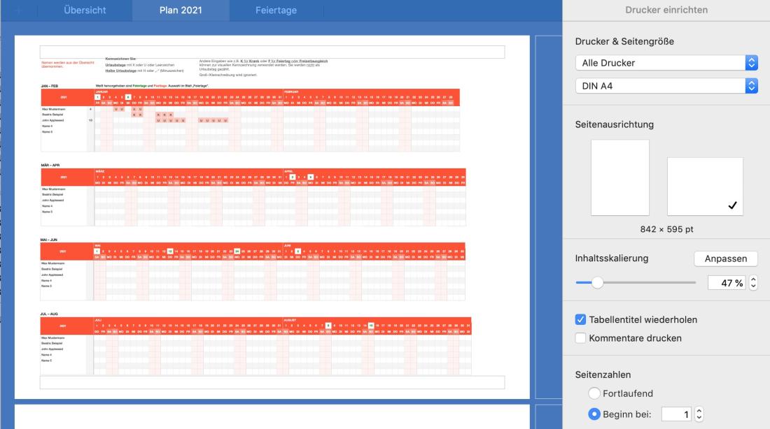 Numbers Vorlage Urlaubsplaner 2021 Druckansicht