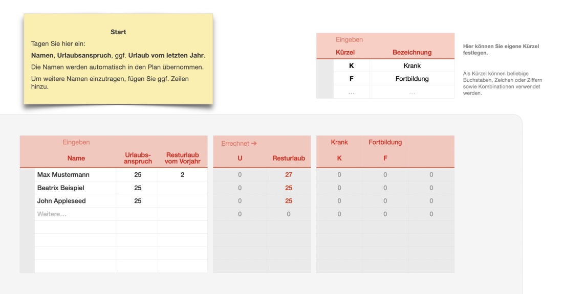 Numbers Vorlage Urlaubsplaner 2026 Weitere Kürzel definieren