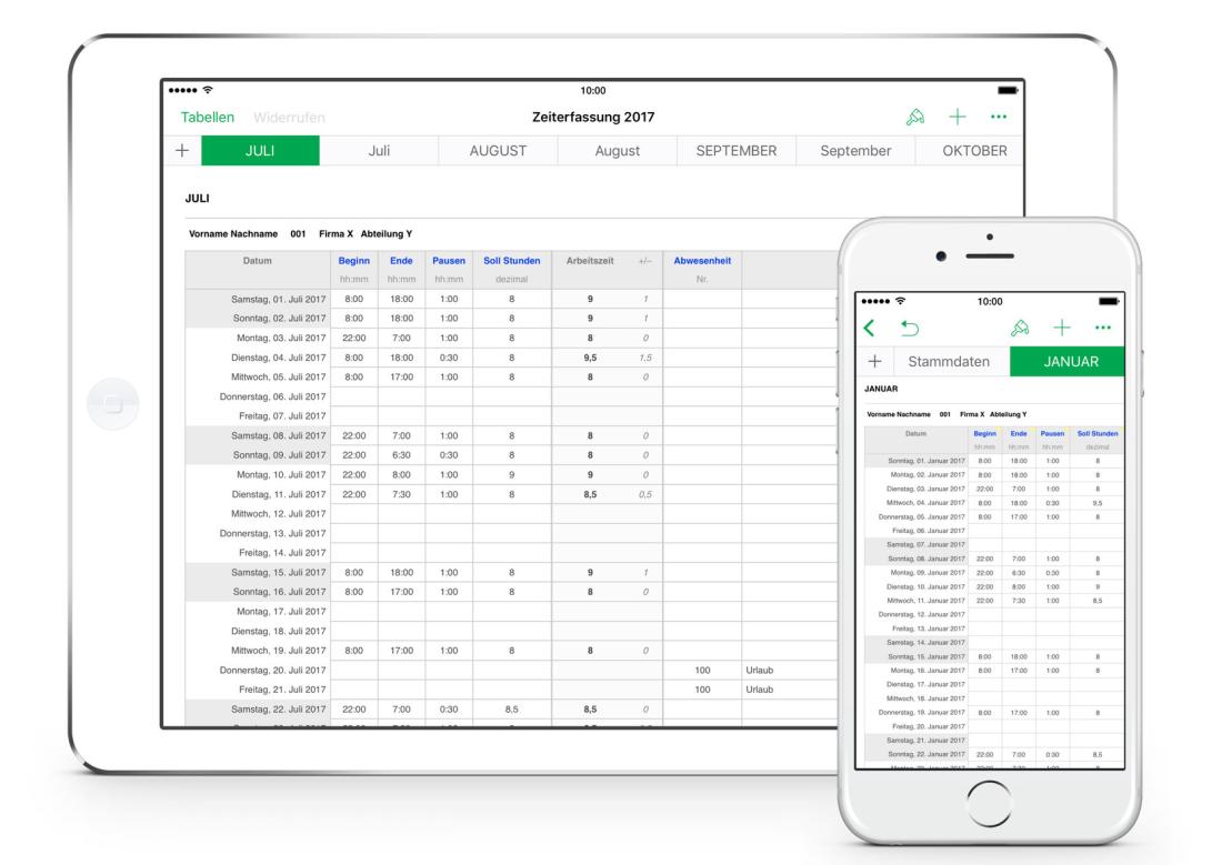 Numbers Vorlage Zeiterfassung Arbeitszeiterfassung für iPad 2017