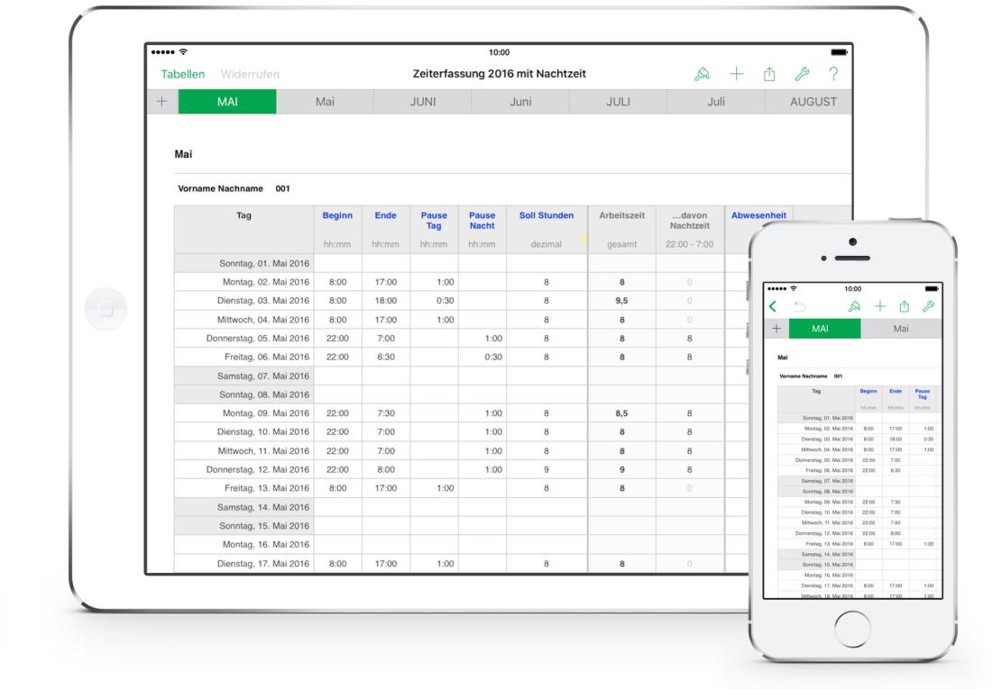 Numbers Vorlage Arbeitszeiterfassung mit Nachtschicht 2016 iPad