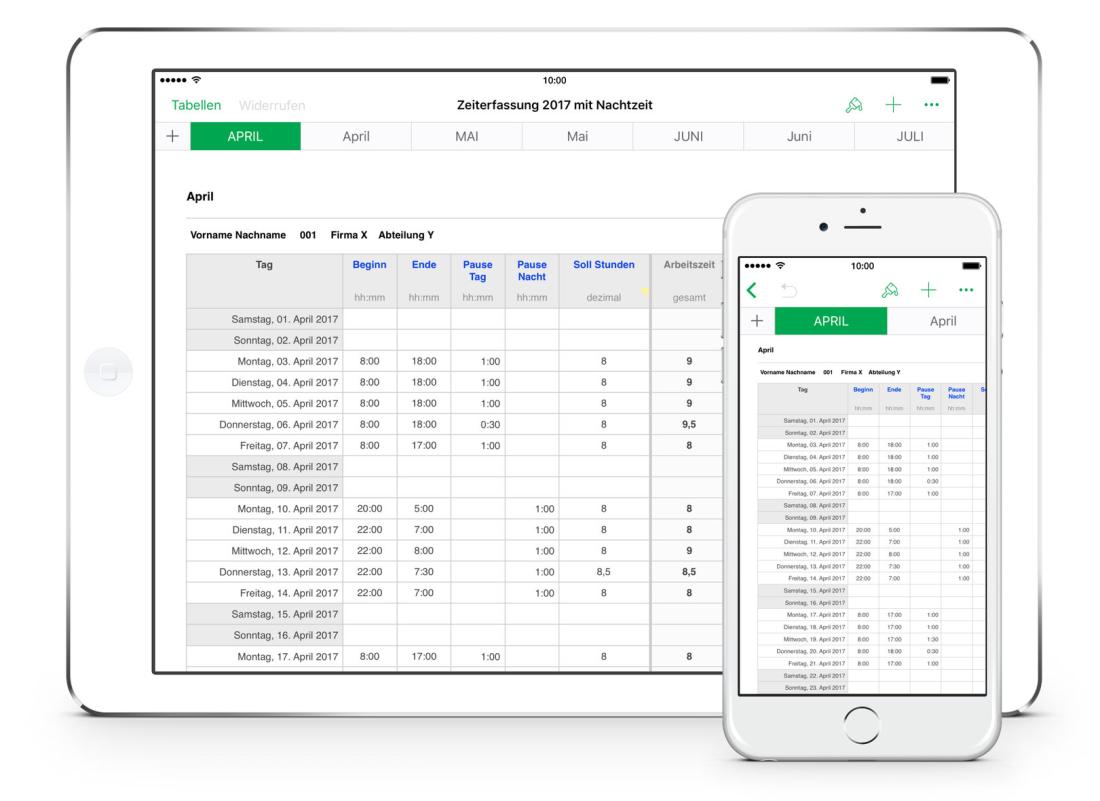 Numbers Vorlage Arbeitszeiterfassung mit Nachtschicht 2017 iPad Tabelle