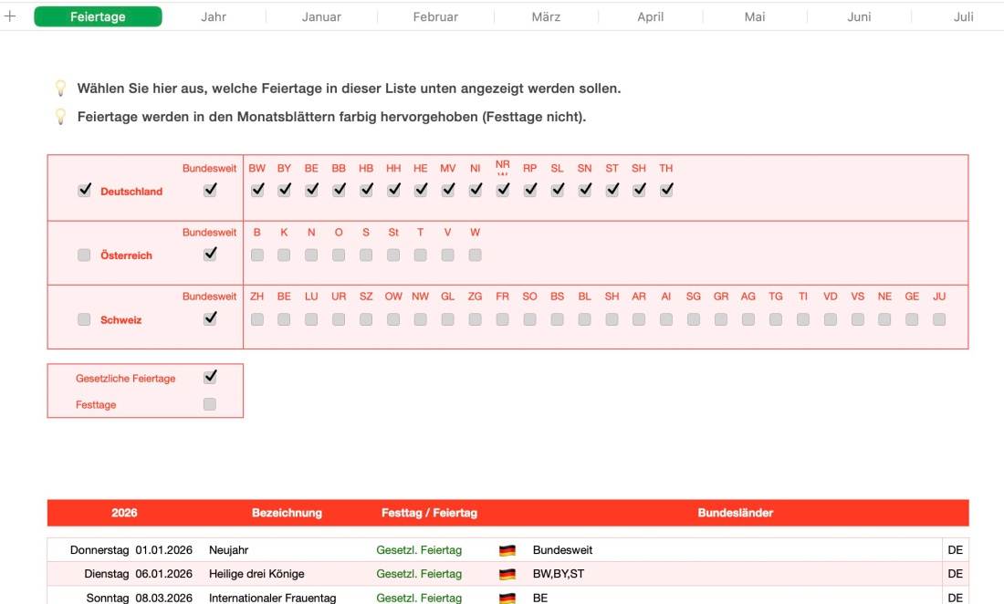 Numbers Vorlage Kalender Monatsansicht 2026 Feiertage