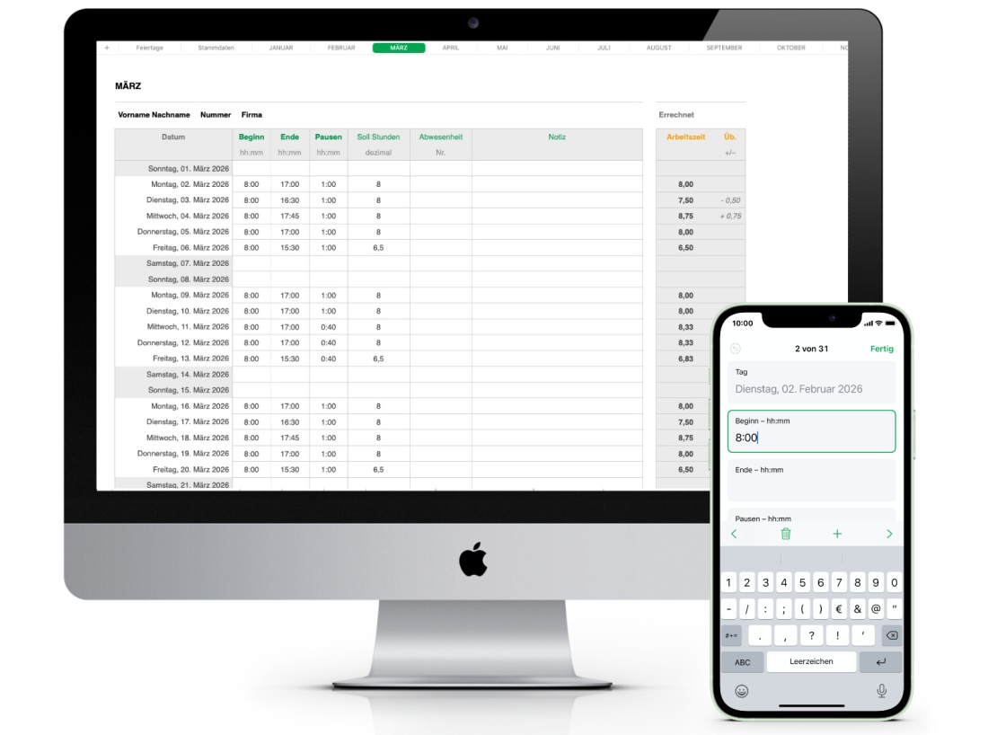 Numbers Vorlage Arbeitszeiterfassung mit Nachtschicht 2026 für Mac