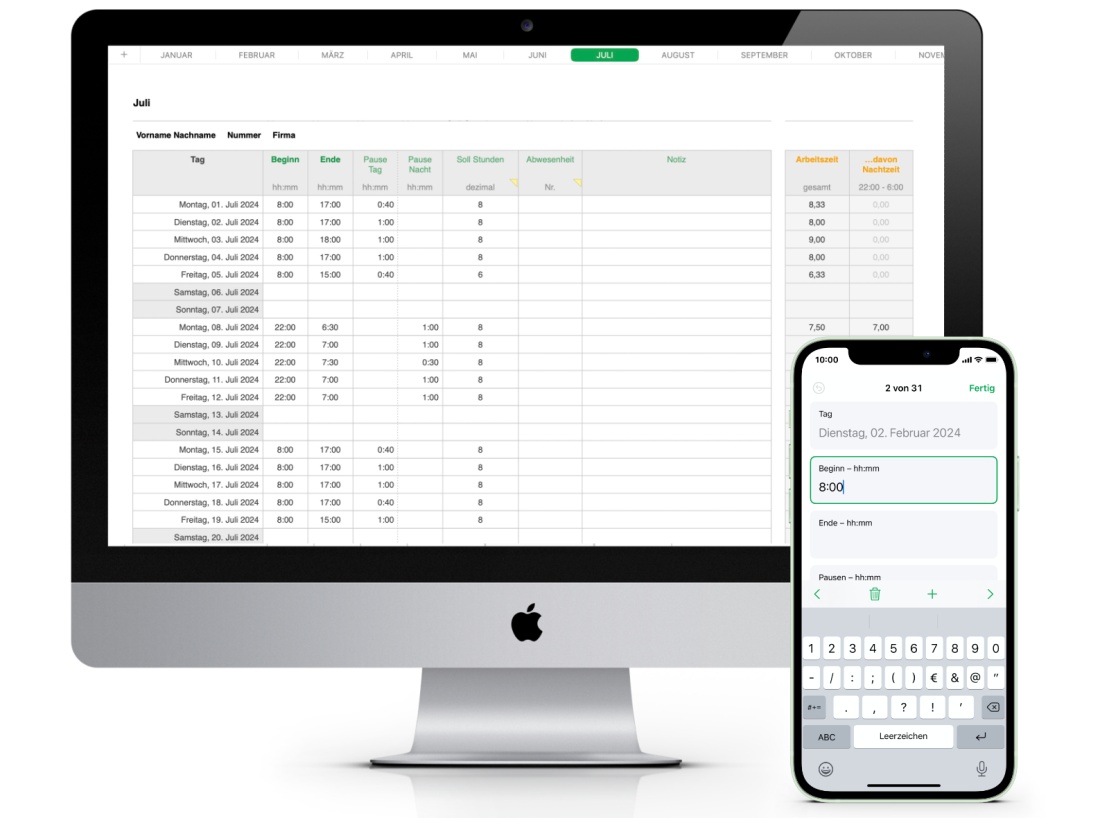 Numbers Vorlage Arbeitszeiterfassung mit Nachtschicht 2024 für Mac