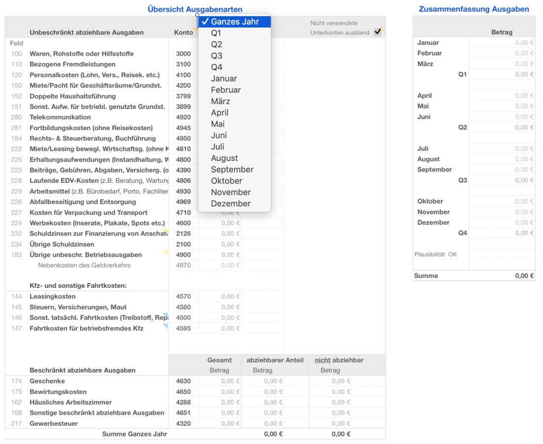 Numbers Vorlage Einnahmen-Überschuss-Rechnung 2023 ohne USt Ausgaben Übersicht