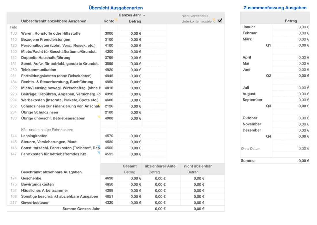 Numbers Vorlage Einnahmen-Überschuss-Rechnung 2019 ohne USt Ausgabenübersicht