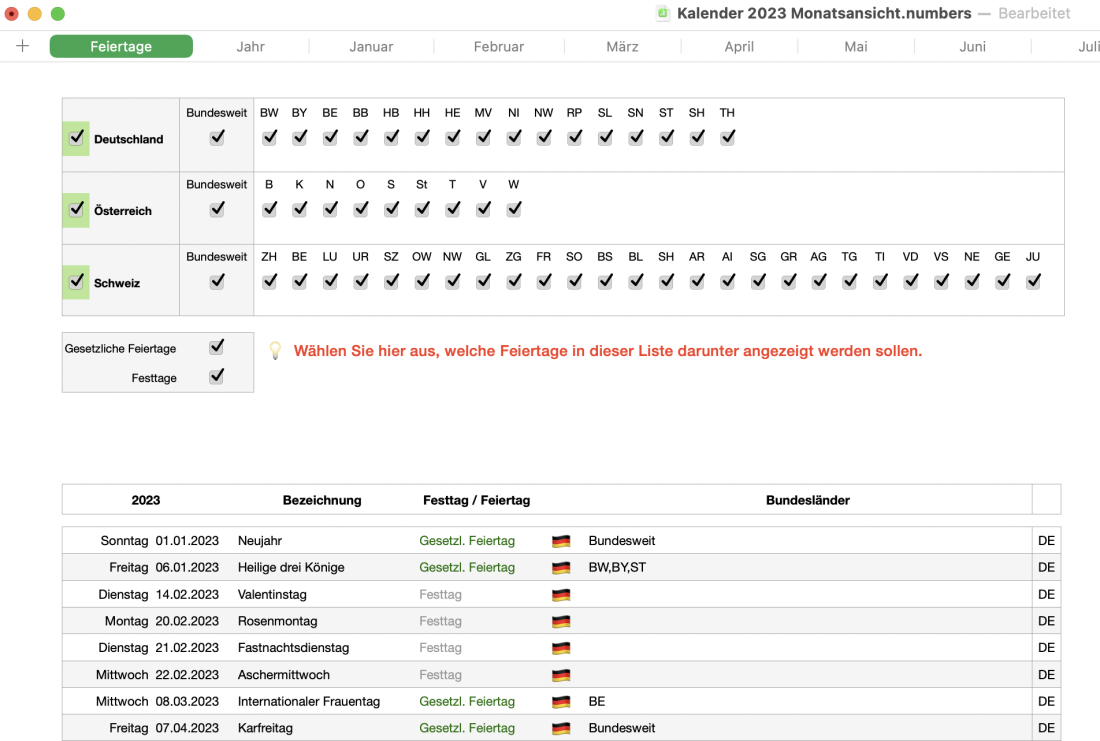 Numbers Vorlage Kalender Monatsansicht 2023 Feiertage