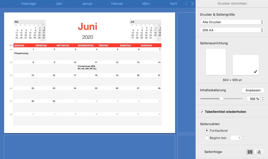 Numbers Vorlage Kalender 2020 Druckansicht