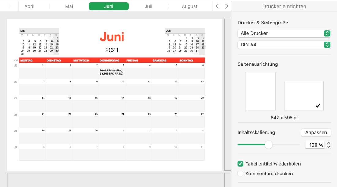 Numbers Vorlage Kalender 2021 Druckansicht