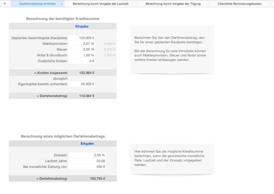 Numbers Vorlage Kreditrechner Darlehen Kreditsumme berechnen