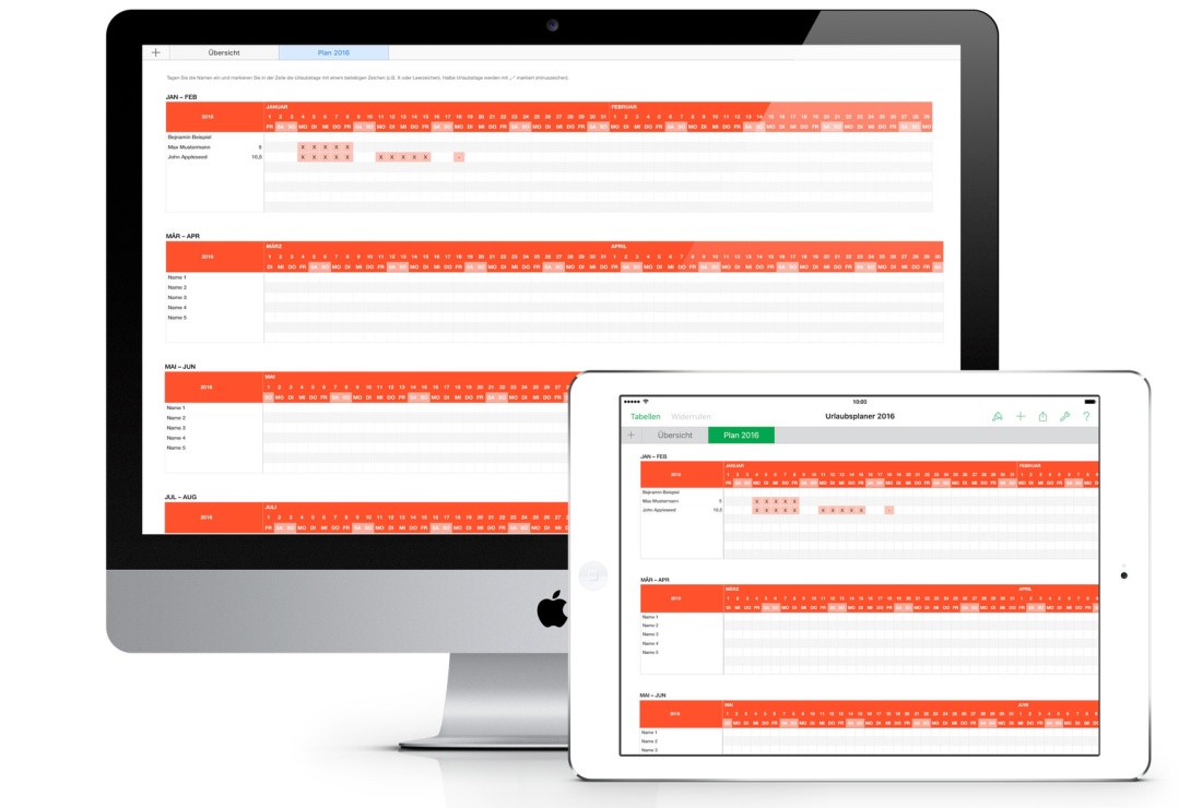 Numbers Vorlage Urlaubsplaner 2016 für iMac und iPad