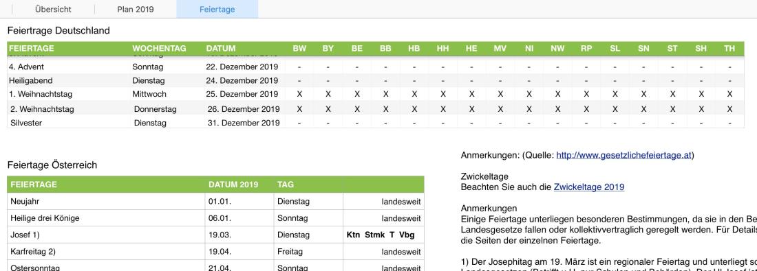 Numbers Vorlage Urlaubsplaner 2019 Schulferien