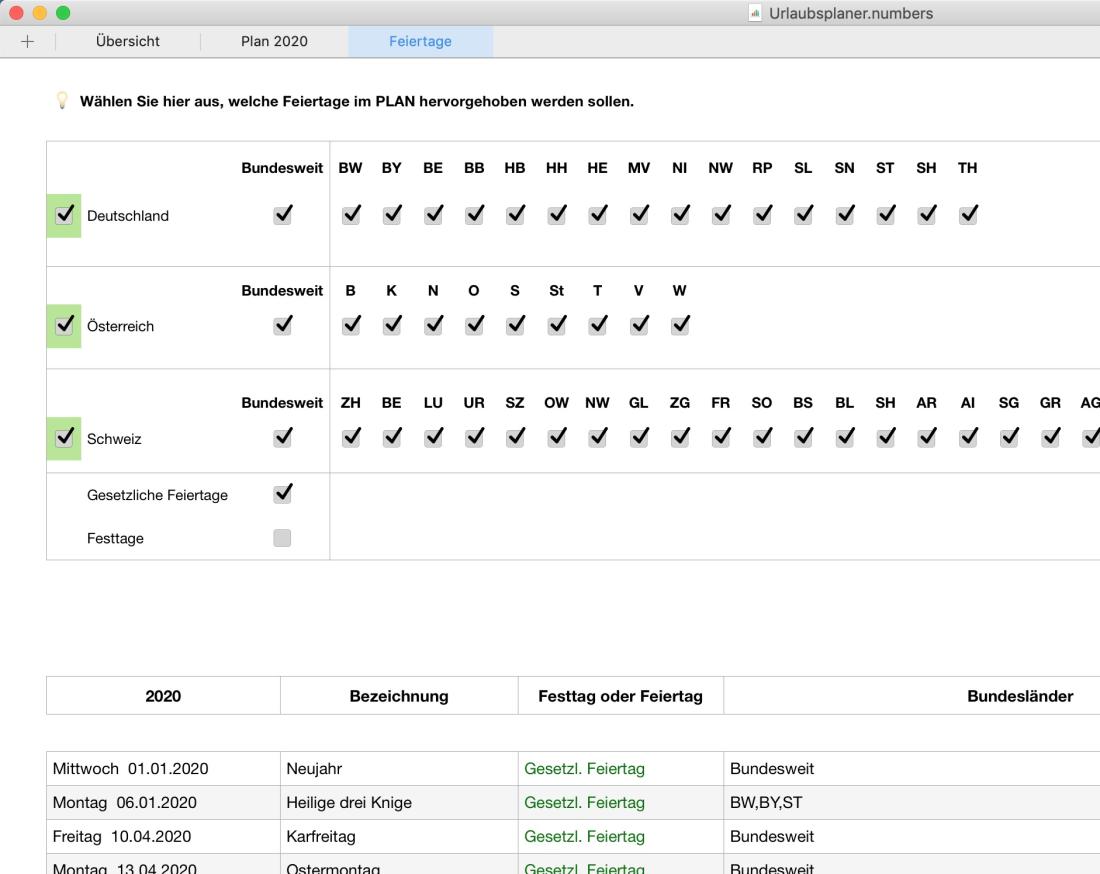 Numbers Vorlage Urlaubsplaner 2020 Feirtagstabellen Deutschland