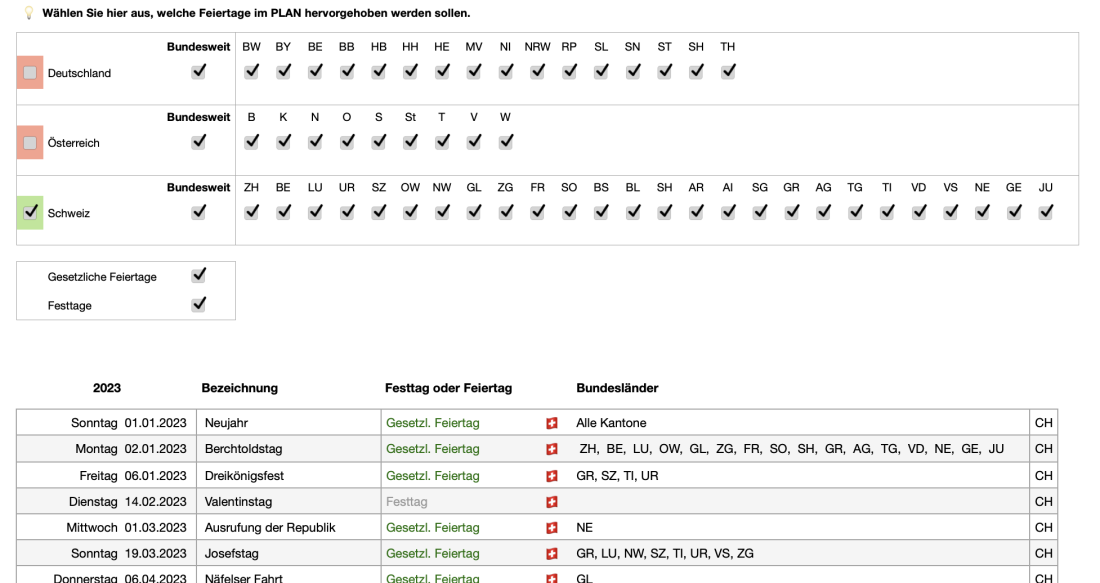 Numbers Vorlage Urlaubsplaner 2023 Liste Feiertage Deutschland Österreich Schweiz