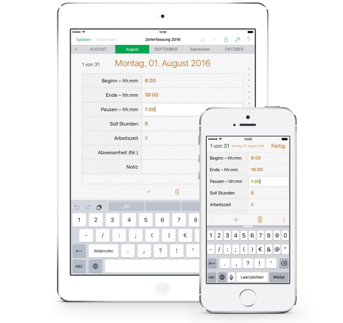 Numbers Vorlage Zeiterfassung Arbeitszeiterfassung für iPhone 2016