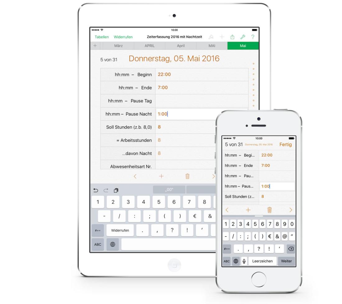 Numbers Vorlage Arbeitszeiterfassung mit Nachtschicht 2016 iPHone