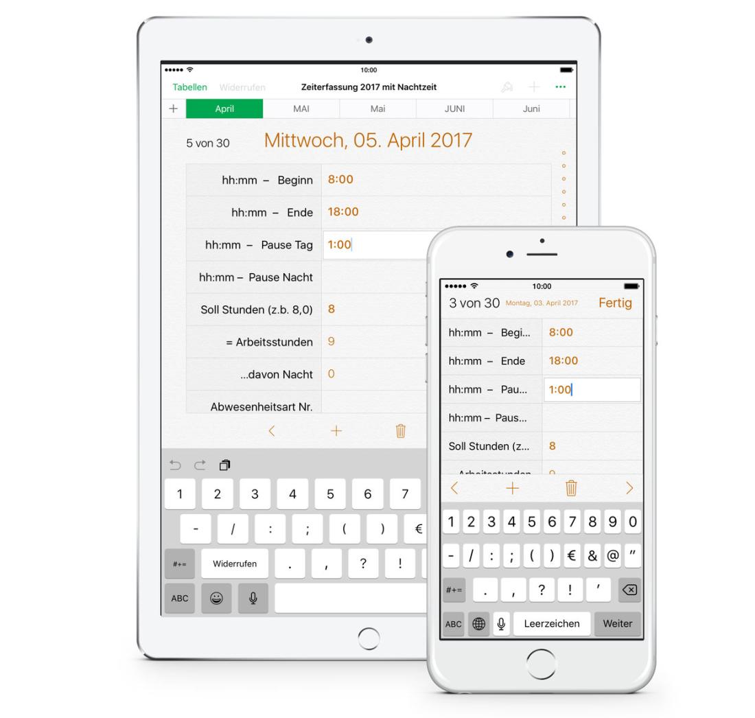 Numbers Vorlage Arbeitszeiterfassung mit Nachtschicht 2017 iPhone Formular