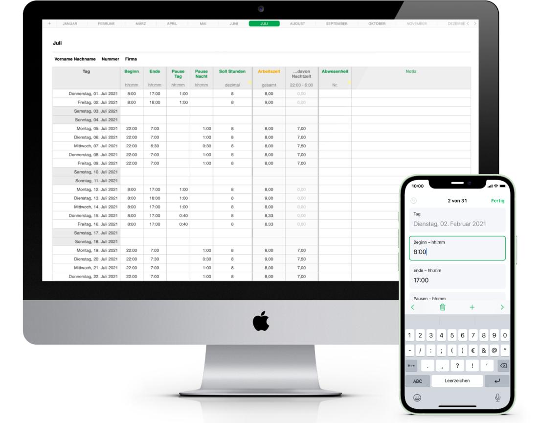 Numbers Vorlage Arbeitszeiterfassung mit Nachtschicht 2021 für Mac