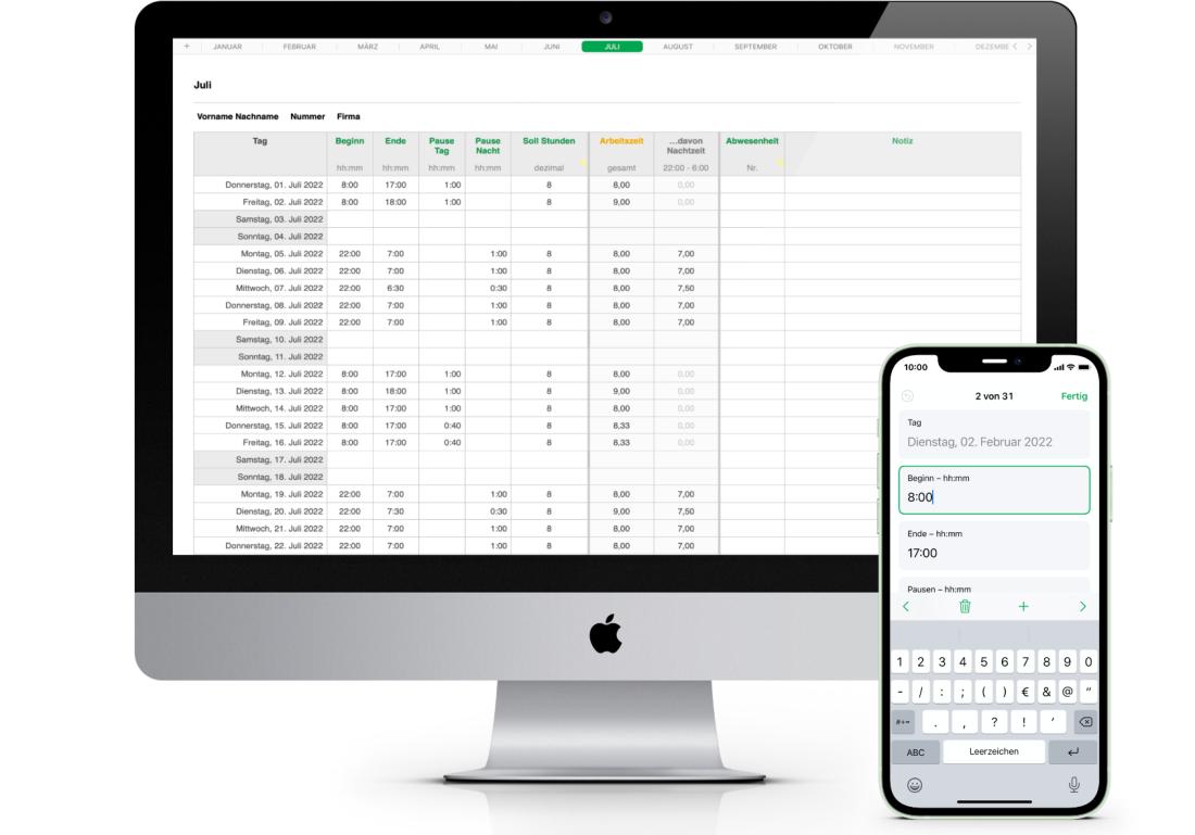 Numbers Vorlage Arbeitszeiterfassung mit Nachtschicht 2022 für Mac