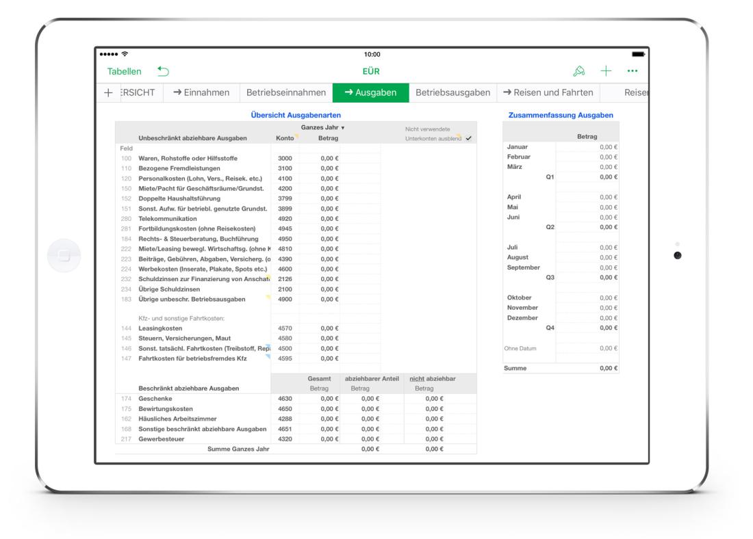 Numbers Vorlage Einnahmen-Überschuss-Rechnung 2019 ohne USt Ausgabenübersicht auf iPad