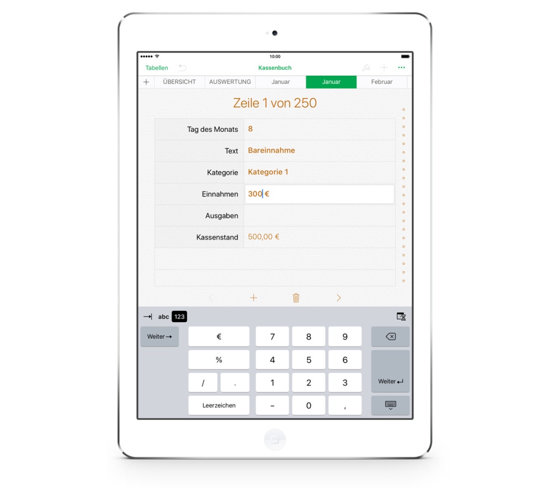 Numbers Vorlage Kassenbuch ohne USt 2023 iPadOS Formular