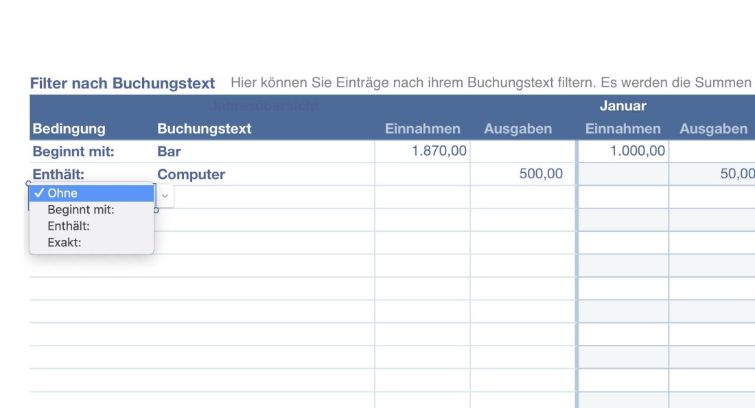 Numbers Vorlage Kassenbuch mit USt 2023 Buchungstext