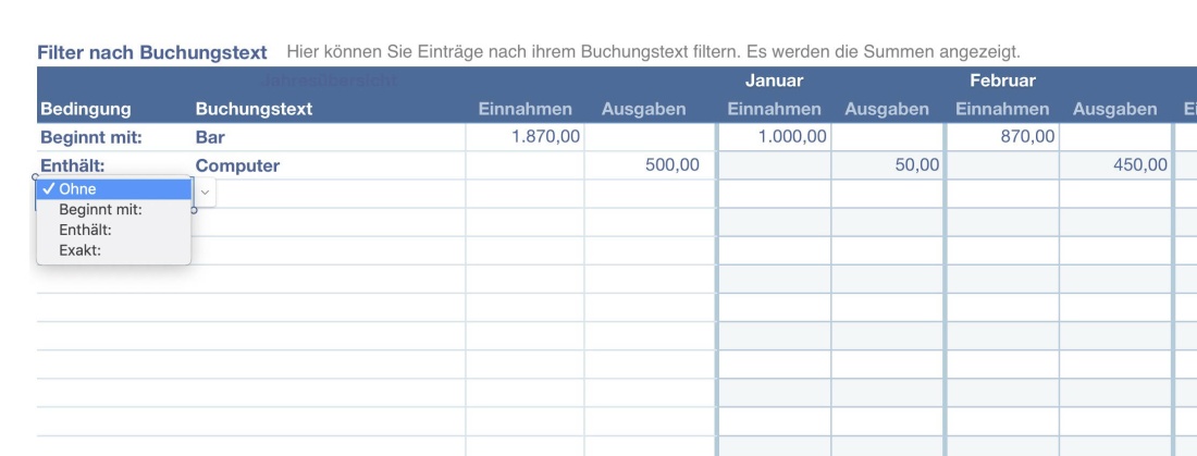 Numbers Vorlage Kassenbuch ohne USt 2024 Filtern