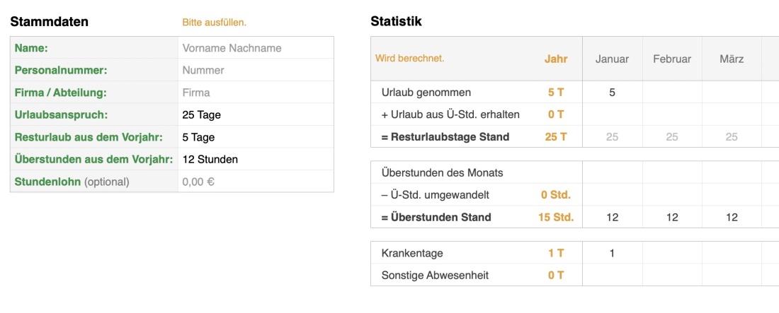 Numbers Vorlage Zeiterfassung Arbeitszeiterfassung Stammdaten 2024