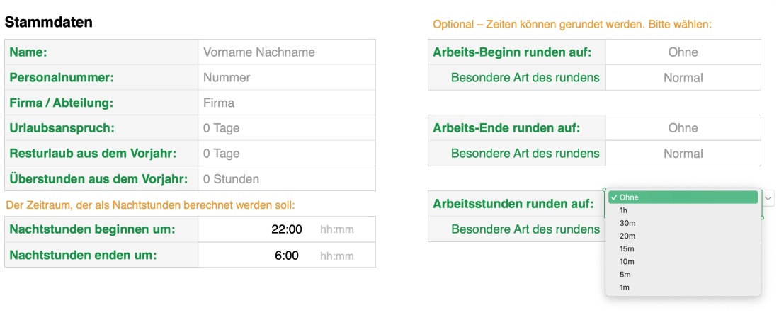 Numbers Vorlage Arbeitszeiterfassung mit Nachtschicht 2026 Stammdaten