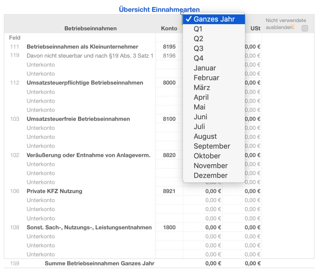 Vorlage Einnahmen-Überschuss-Rechnung 2026 für Mac und iPad Übersicht Einnahmen Dropdown